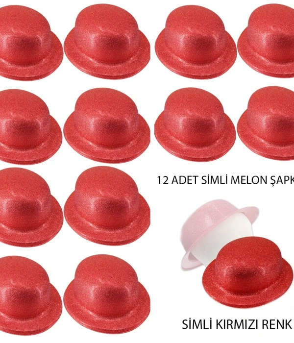 Kırmızı Renk Simli Melon Yuvarlak Parti Şapkası 12 Adet