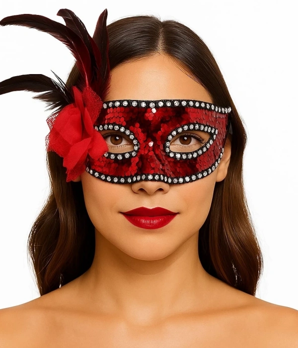 Kırmızı Renk Yandan Tüylü Güllü Gümüş Taşlı Pullu Maske 20x22 Cm