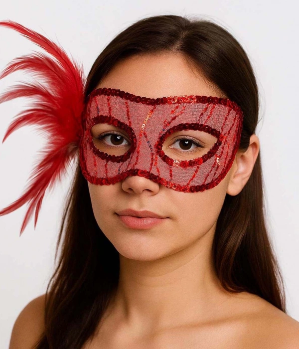 Kırmızı Renk Yandan Tüylü Pul Payet İşlemeli Parti Maskesi 23x12 Cm