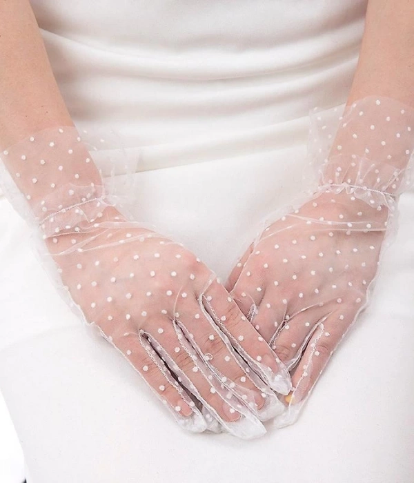 Kısa Boy Güpürlü Beyaz Puantiyeli Tül Eldiven Beyaz Renk
