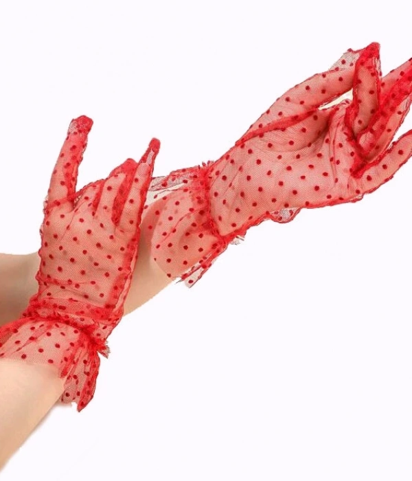 Kısa Boy Güpürlü Kırmızı Puantiyeli Tül Eldiven Kırmızı Renk