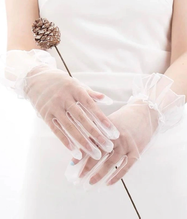 Kısa Boy Likralı Güpürlü Yetişkin Tül Eldiven Beyaz Renk