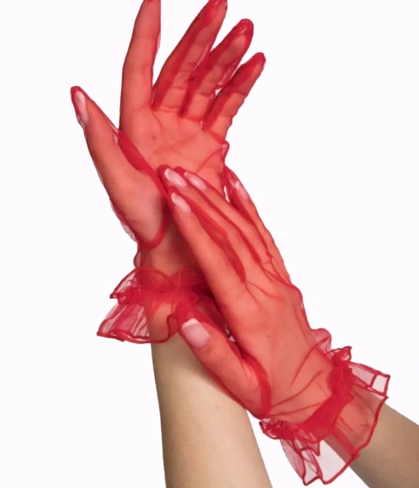 Kısa Boy Likralı Güpürlü Yetişkin Tül Eldiven Kırmızı Renk