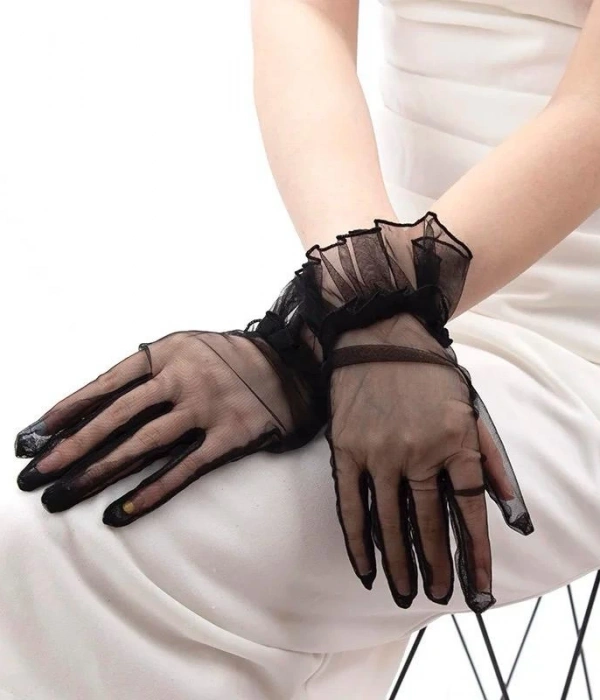 Kısa Boy Likralı Güpürlü Yetişkin Tül Eldiven Siyah Renk