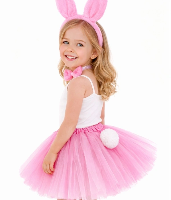 Kız Çocuk Tamamen Pembe Tavşan Kulaklı Kostüm Seti – Tütü Etekli 4 Parça