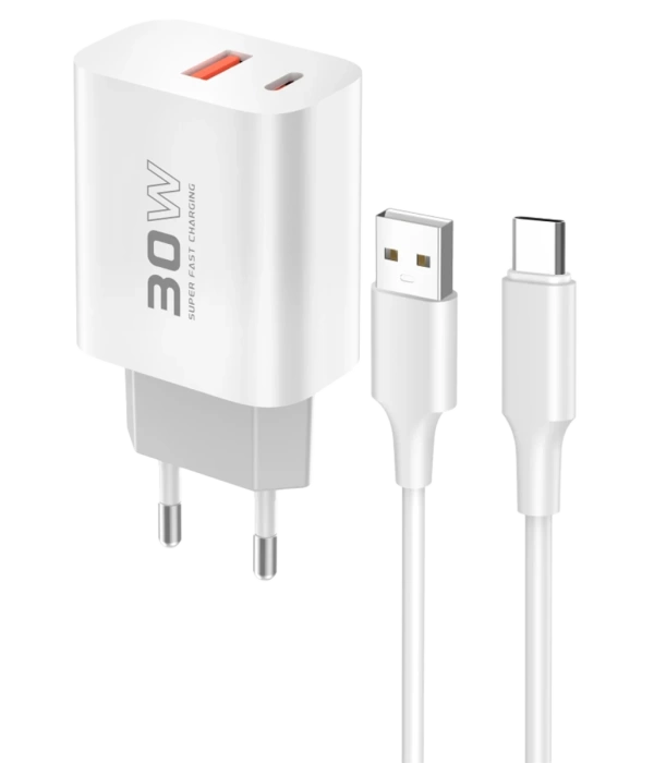 Konfulon C89Q 1 Adet 30W Type-C ve 1 Adet 22.5W USB Çıkışlı Ekstra DL49 1M USB to Type-C Kablolu PD Şarj Cihazı - Beyaz