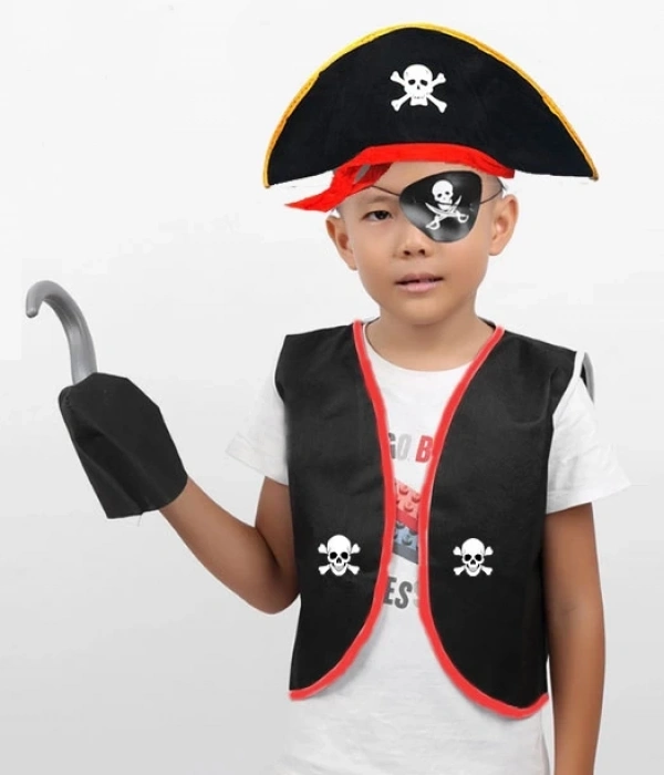 Korsan Yelek + Şapka + Kanca + Maske Çocuk Boy 4-6 Yaş