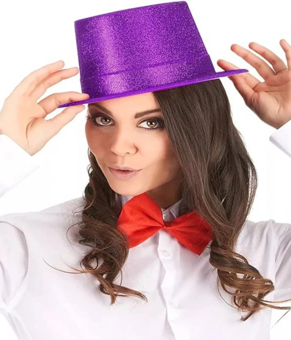 Koyu Mor Renk Violet Parıltılı Simli Fötr Silindir Parti Şapkası