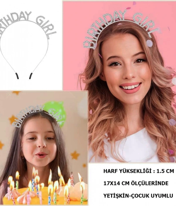 Kristal Taşlı Gümüş Birthday Girl Yazılı Doğum Günü Parti Tacı 19x11 Cm