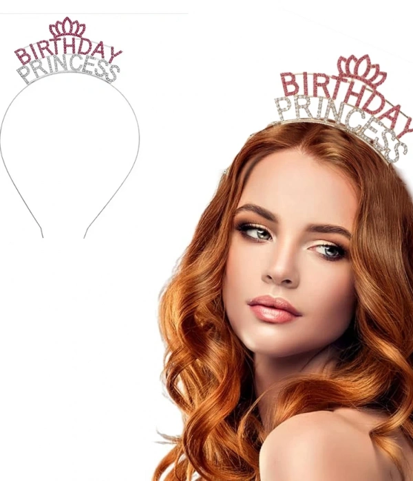 Kristal Taşlı Pembe Birthday Princess Yazılı Parti Tacı 19x11 Cm