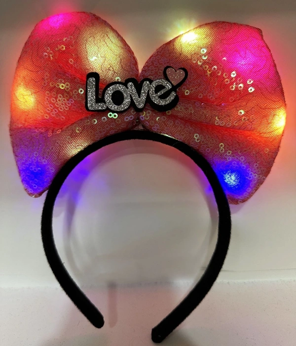 Led Işıklı 3 Farklı Fonksiyonda Yanan Gümüş Love Yazılı Fuşya Pembe Fiyonk Taç 20x17 Cm