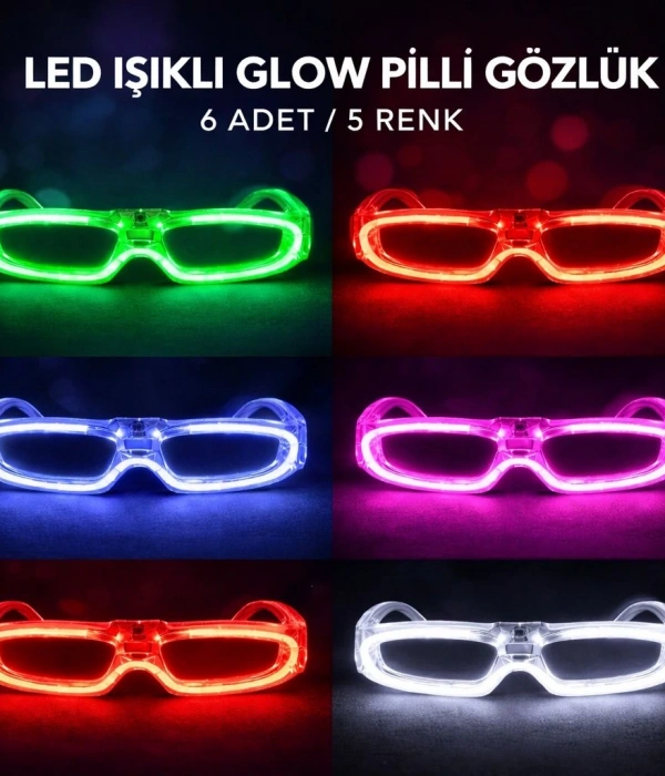 Led Işıklı Glow Pilli Parti Gözlüğü - Glow Efektli 6 Adet 5 Renk