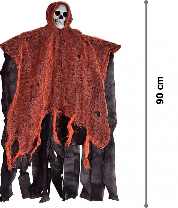 Led Işıklı Kahkaha Atan Sesli Sensörlü Ürpertici Kuru Kafa Korku Hayalet Saçaklı Dekor 90x50 Cm