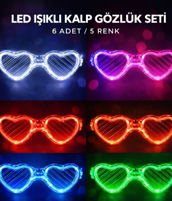 Led Işıklı Kalp Glow Pilli Parti Gözlüğü – 6 Adet / 5 Renk Set