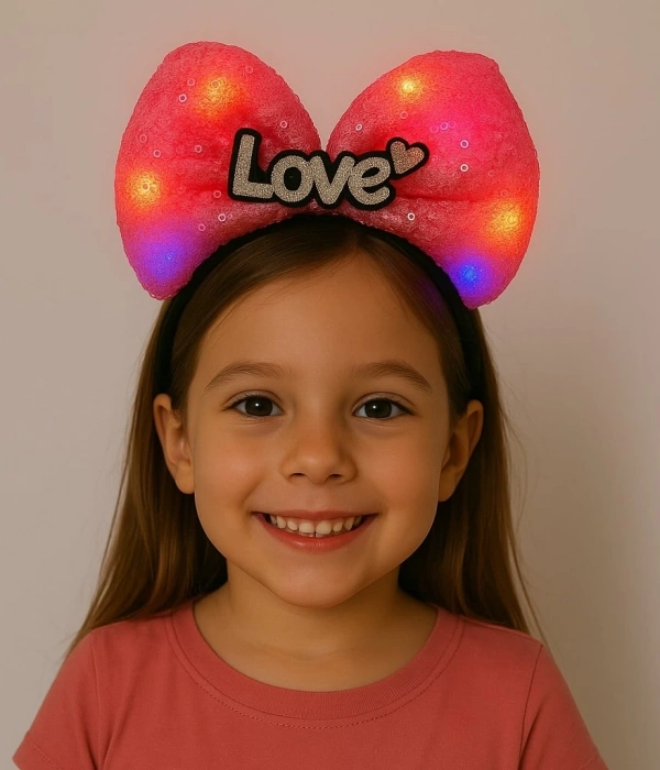 Led Işıklı Love Yazılı Fuşya Fiyonk Taç – Kız Çocuk Parti Tacı