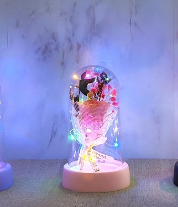 Led Işıklı Müzikli Cam Fanus İçinde Gül Buketi  Alk5006