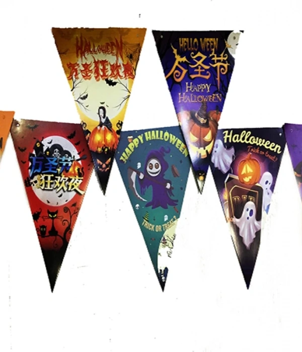 Lüks Baskılı Üçgen Model Halloween Banner Süs Bayrak 8 Li