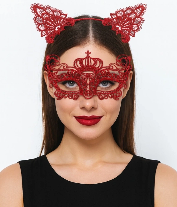 Lüks Kırmızı Dantel Taçlı Maske Seti 2 No - Parti, Balo, Kostüm Aksesuarı