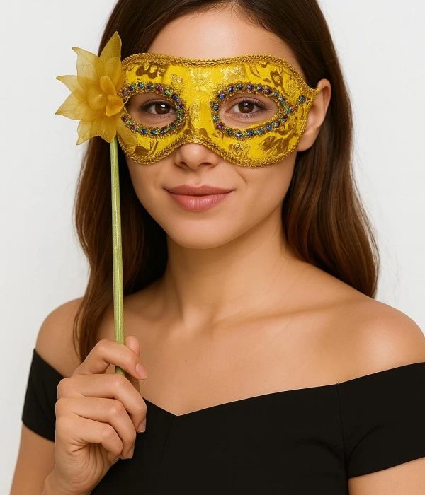 Lüks Taşlı Saplı Maskeli Balo Maskesi Altın Renk 35 Cm