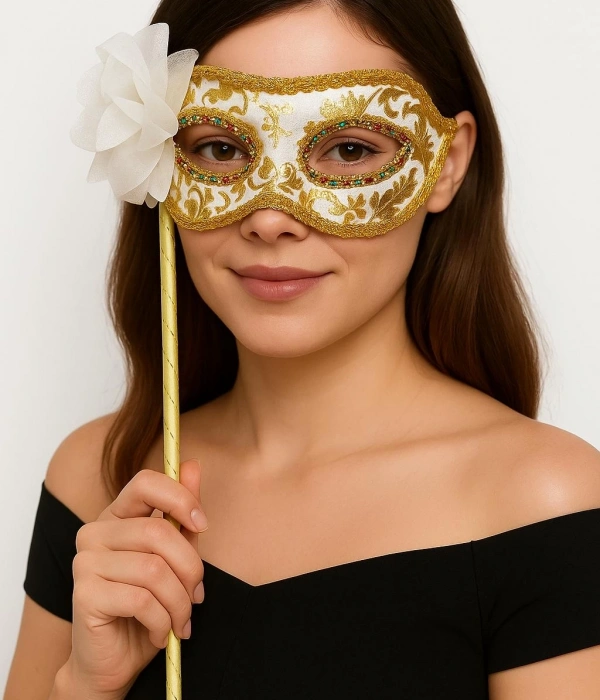 Lüks Taşlı Saplı Maskeli Balo Maskesi Beyaz Renk 35 Cm