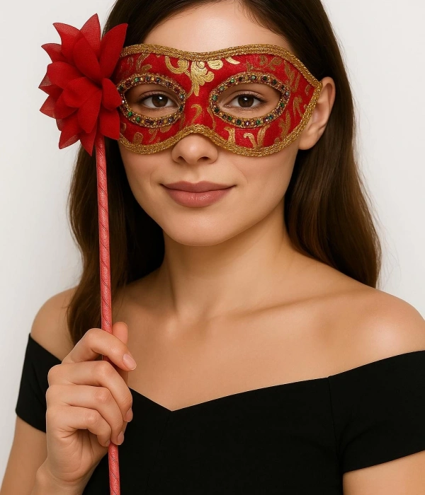 Lüks Taşlı Saplı Maskeli Balo Maskesi Kırmızı Renk 35 Cm