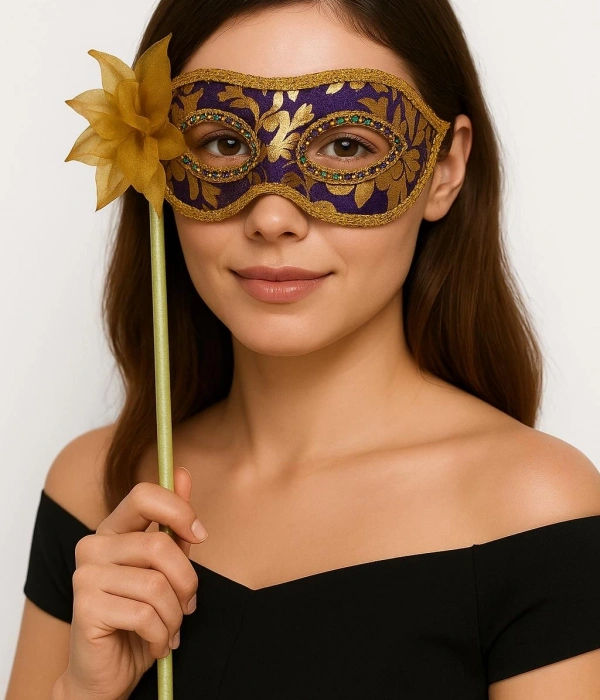 Lüks Taşlı Saplı Maskeli Balo Maskesi Mor Renk 35 Cm