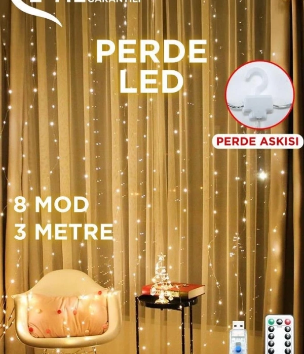 Lw-7 300 Ledli 10 Sarkıt Perde Led Işık, 8 Modlu Uzaktan Kumandalı, 3x3 Metre Peri Telli Led