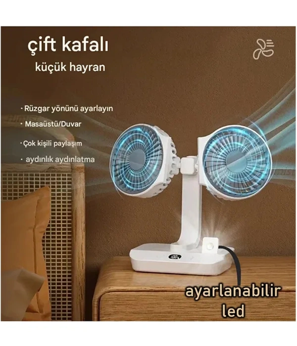 Masaüstü Dijital Ekranlı Çift Fanlı Led Işıklı Soğutucu Fan Ev Ofis Şarjlı Vantilatör