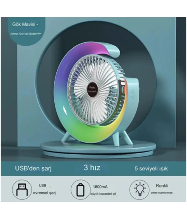 Masaüstü Vantilatör Usb Şarjlı Rgb Led Işıklı 3 Kademeli 180° Ayarlanabilir Soğutucu Fan Mavi