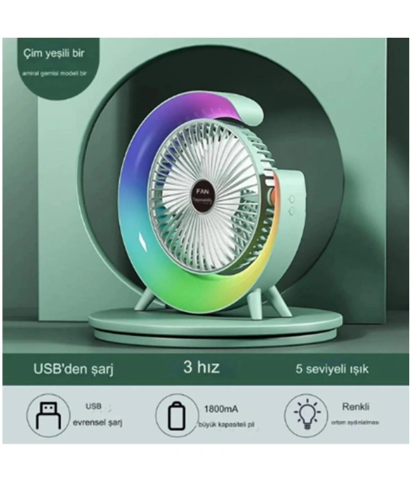 Masaüstü Vantilatör Usb Şarjlı Rgb Led Işıklı 3 Kademeli 180° Ayarlanabilir Soğutucu Fan Yeşil