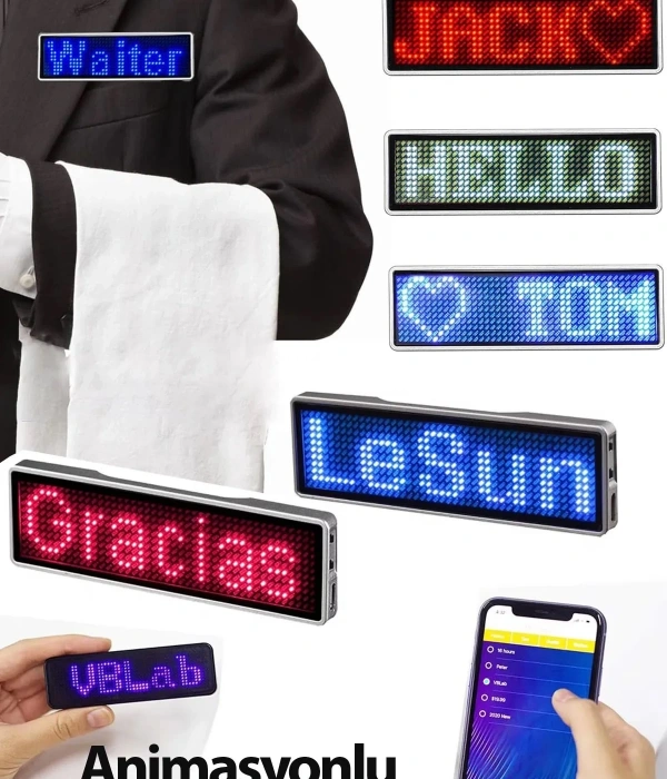 Matrix Kayan Led Yaka Rozeti Mobil Kontrollü Dijital Etiket 9×3cm
