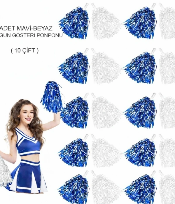 Mavi Beyaz Metalik Dolgun Gösteri Ponponu 20 Adet (10 Çift)