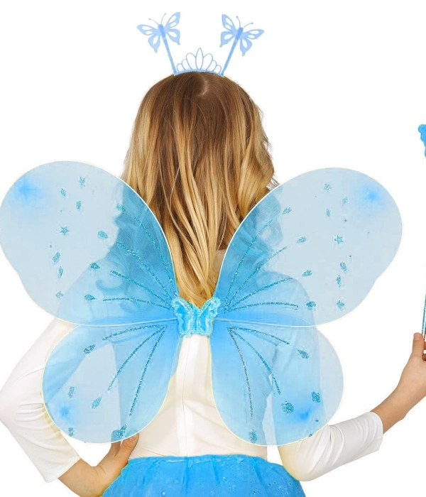 Mavi Kelebek Erkek-kız Seti – 50 Cm Kelebek Kanadı, Taç Ve Asa