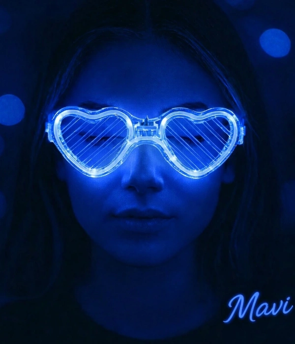 Mavi Led Işıklı Kalp Gözlük – 3 Modlu Parti  Glow Gözlüğü