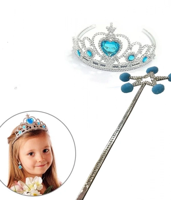 Mavi Ponponlu Karlar Ülkesi Elsa Asası Ve Mavi Kalp Taşlı Elsa Tacı