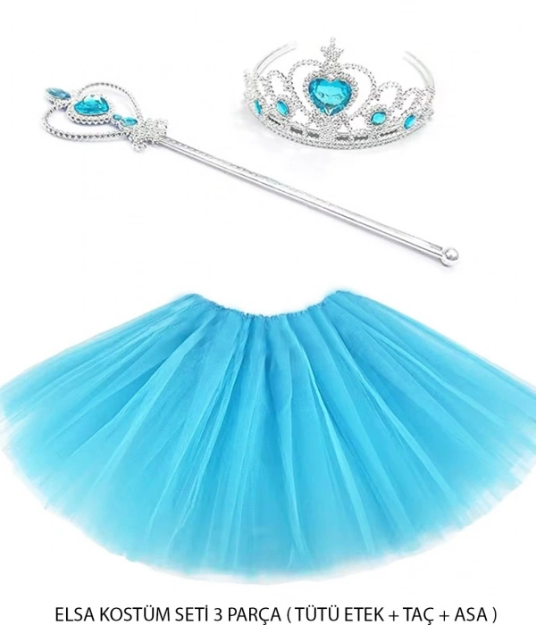 Mavi Prenses Elsa Kostüm Seti 3 Parça (tütü Etek + Taç + Asa )