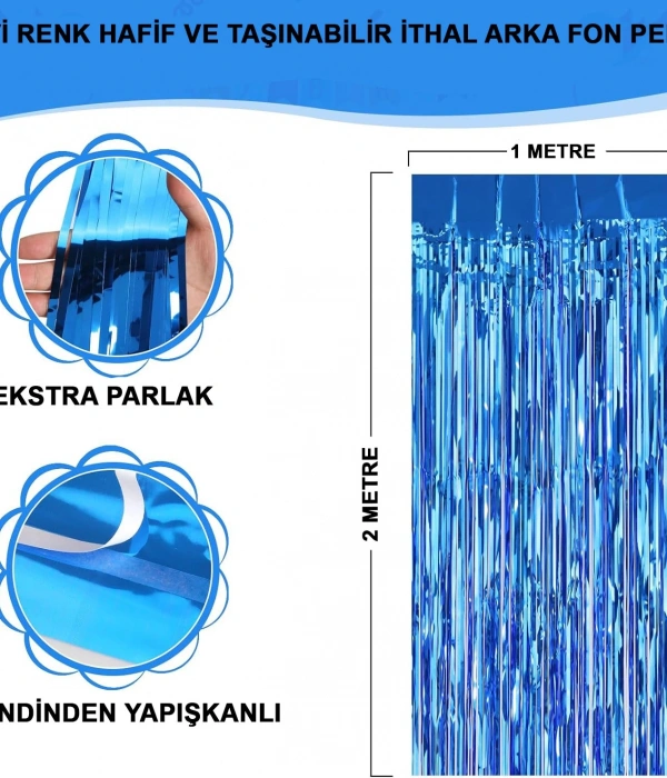 Mavi Renk Ekstra Metalize Parlak Saçaklı Arka Fon Perde İthal A Kalite 1x2 Metre
