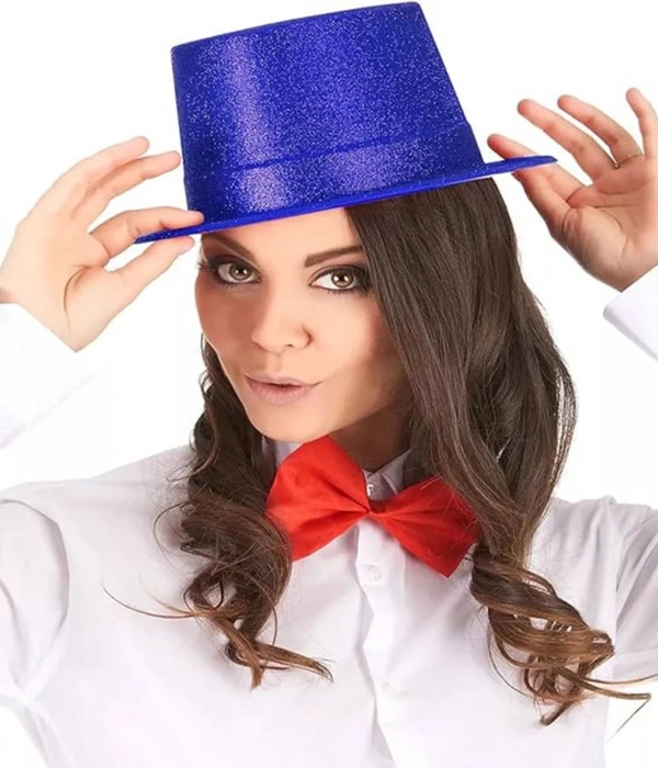 Mavi Renk Parıltılı Simli Fötr Silindir Parti Şapkası