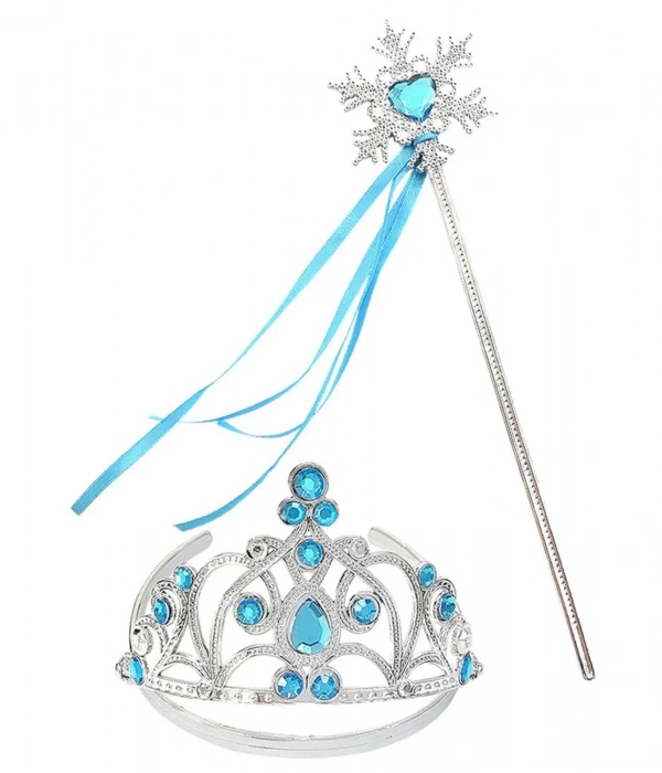 Mavi Taşlı Elsa Çocuk Taç Ve Kar Temalı Kurdeleli Elsa Asası Sopası