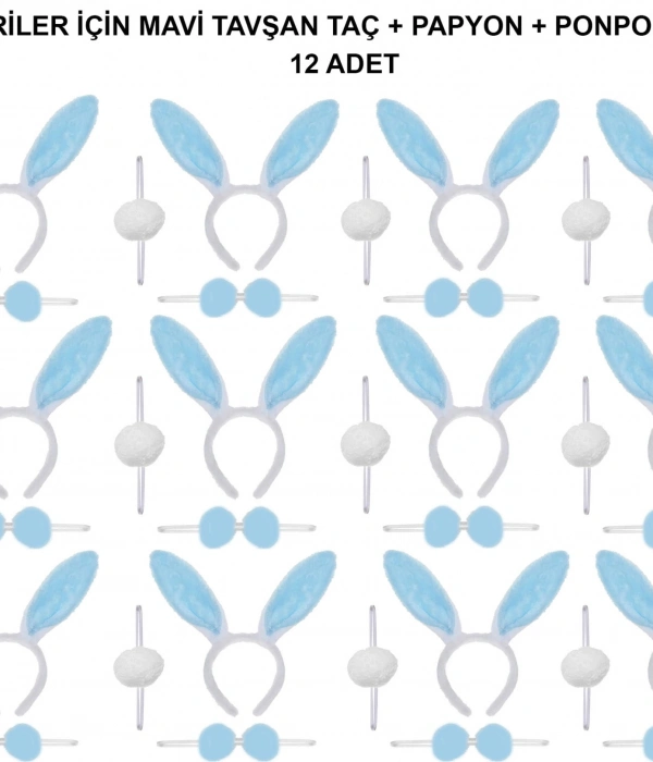 Mavi Tavşan Kostüm Seti – Taç, Papyon, Ponpon (12’li Paket)