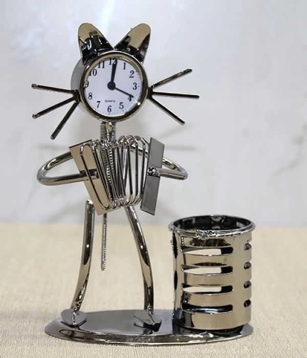 Metal Akordiyon Çalan Kedi Müzisyen Saat Ve Kalemlik Alk4344