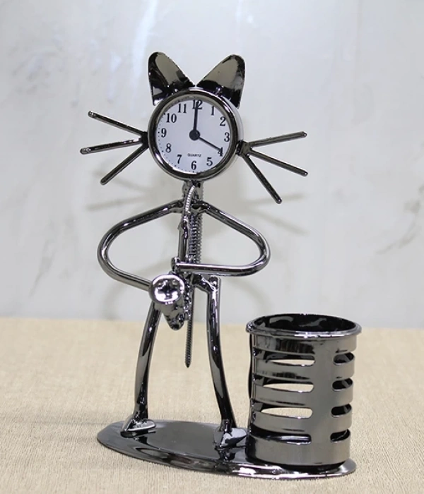 Metal Saksafon Çalan Kedi Müzisyen Saat Ve Kalemlik Alk4343