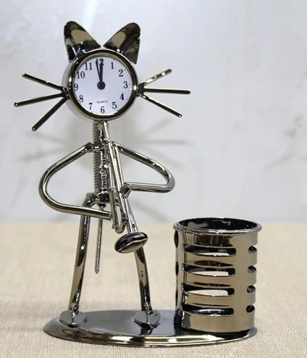 Metal Saksafon Çalan Kedi Müzisyen Saat Ve Kalemlik Alk4346