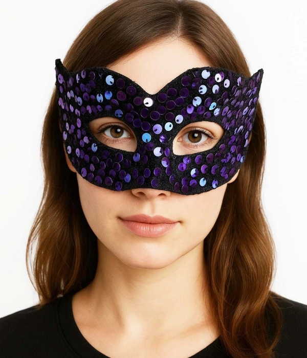 Mor Renk Arkadan Lastikli Pul Payet İşlemeli Balo After Parti Maskesi