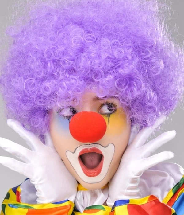 Mor Renk Kıvırcık Afro Bonus Peruk Takma Saç Ve Kırmızı Burun Seti