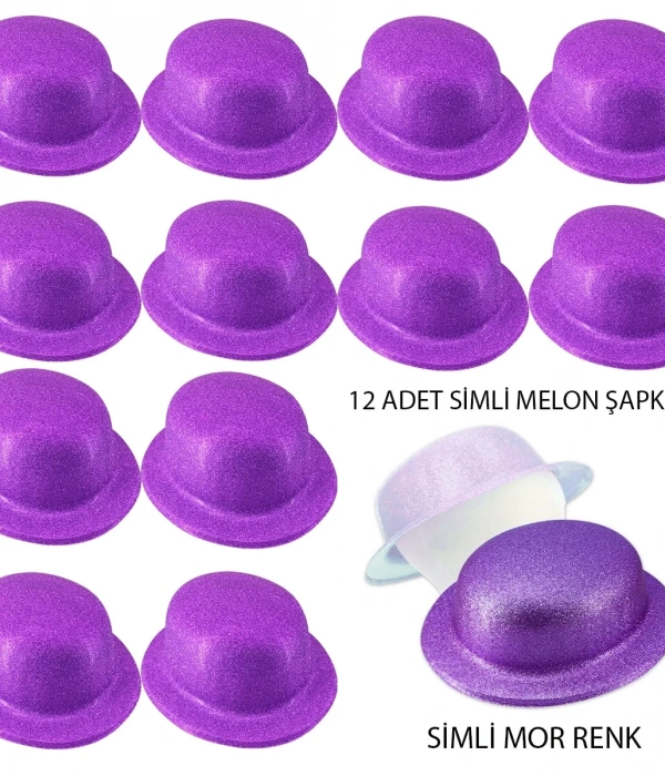 Mor Renk Simli Melon Yuvarlak Parti Şapkası 12 Adet
