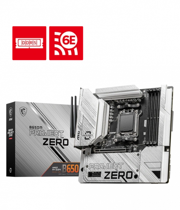 MSI B650M PROJECT ZERO AM5 DDR5 7600MHZ(OC) HDMI DP M.2 USB3.2 2.5G LAN WI-FI 6E mATX