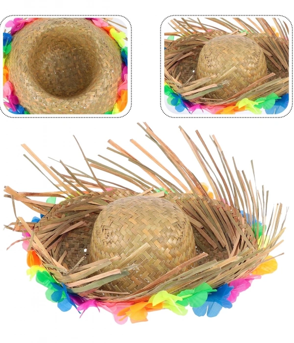 Naturel Renk Püsküllü Örme Hasır Hawaii Luau Aloha Şapka 13x36 Cm