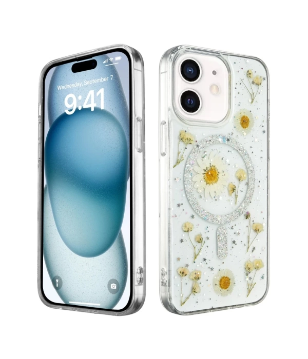 Newface iPhone 12 Kılıf Daisy Simli Magsafe Kapak - Gümüş