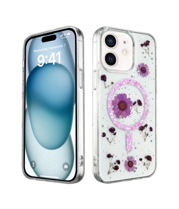 Newface iPhone 12 Kılıf Daisy Simli Magsafe Kapak - Mor